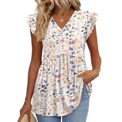 Women's Summer Babydoll Tops – Flowy V-Neck Casual Blouses with Flutter Sleeves