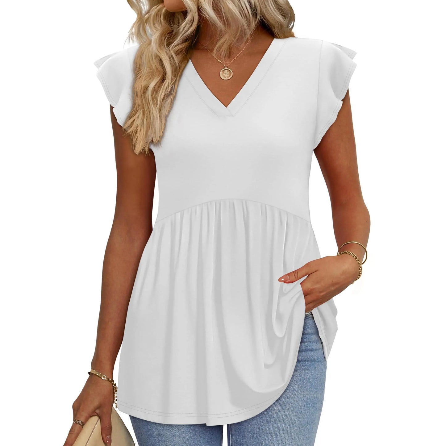 Women's Summer Babydoll Tops – Flowy V-Neck Casual Blouses with Flutter Sleeves