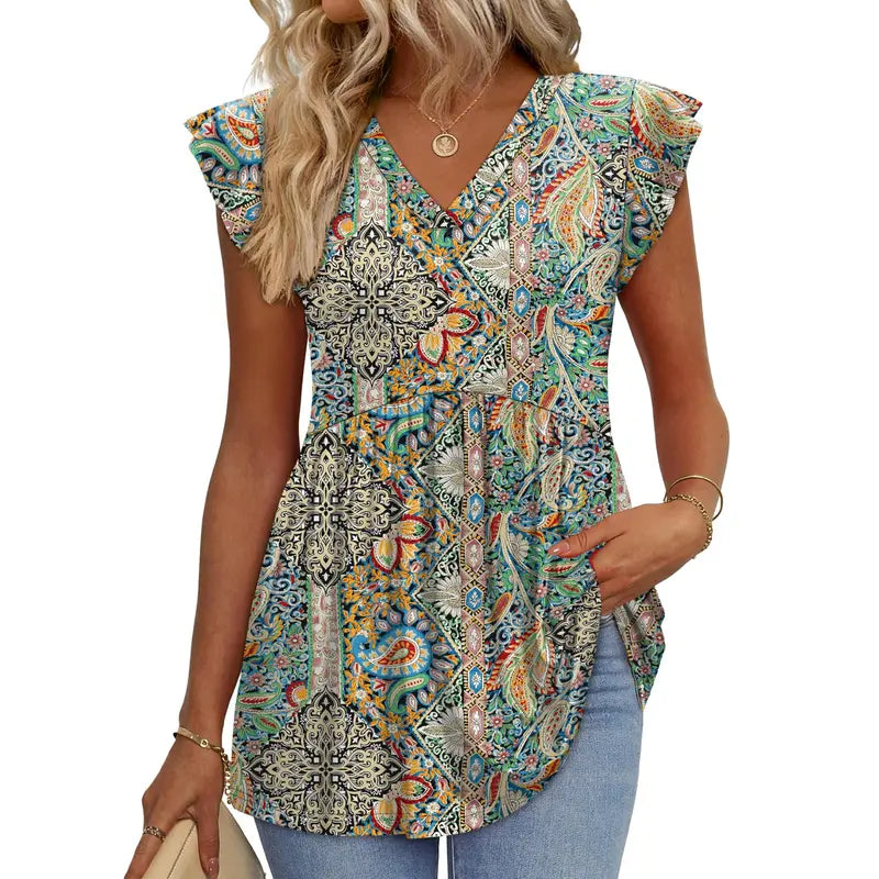 Women's Summer Babydoll Tops – Flowy V-Neck Casual Blouses with Flutter Sleeves