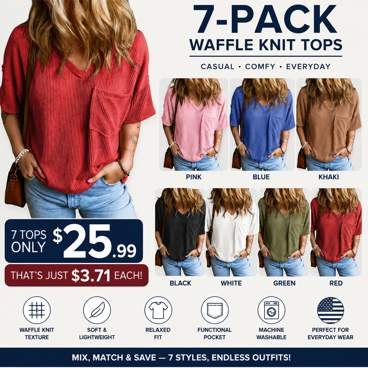 Women's Oversized Ribbed Knit V-Neck Summer T-Shirt | Soft Casual Loose Fit Tee