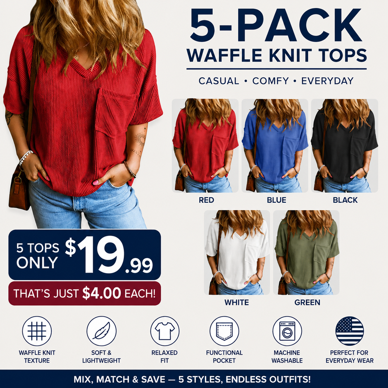 Women's Oversized Ribbed Knit V-Neck Summer T-Shirt | Soft Casual Loose Fit Tee