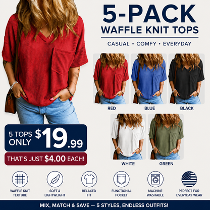 Women's Oversized Ribbed Knit V-Neck Summer T-Shirt | Soft Casual Loose Fit Tee