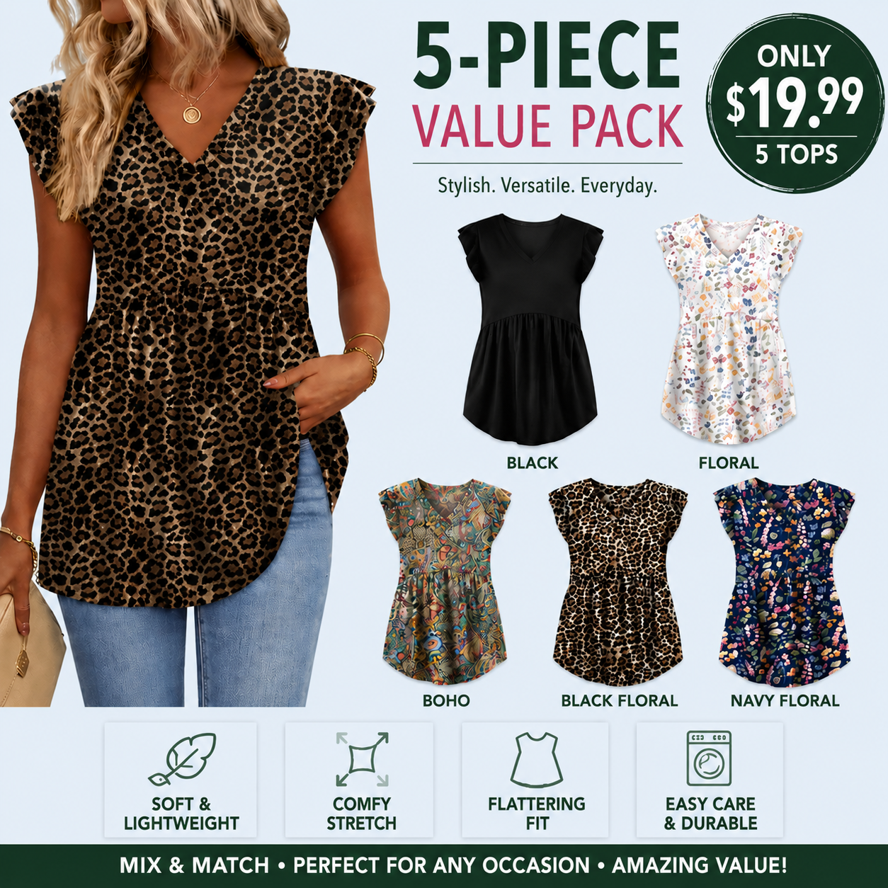 Women's Summer Babydoll Tops – Flowy V-Neck Casual Blouses with Flutter Sleeves