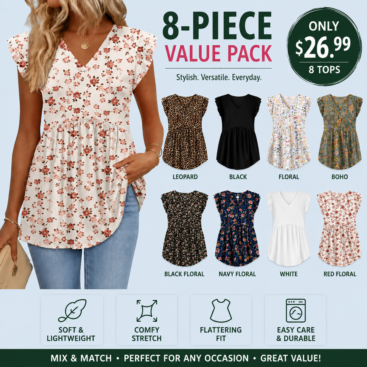 Women's Summer Babydoll Tops – Flowy V-Neck Casual Blouses with Flutter Sleeves