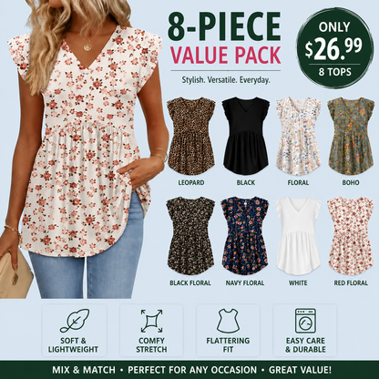 Women's Summer Babydoll Tops – Flowy V-Neck Casual Blouses with Flutter Sleeves
