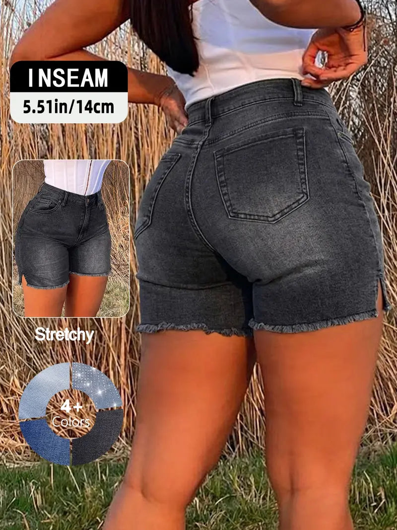 Women's Vintage Y2K High-Waisted Denim Shorts with Side Slit & Frayed Hem