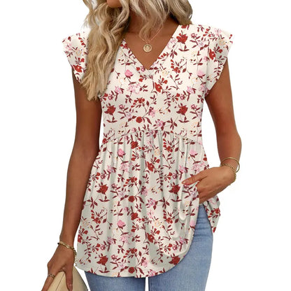 Women's Summer Babydoll Tops – Flowy V-Neck Casual Blouses with Flutter Sleeves