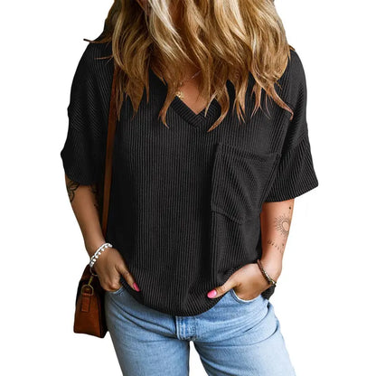 Women's Oversized Ribbed Knit V-Neck Summer T-Shirt | Soft Casual Loose Fit Tee