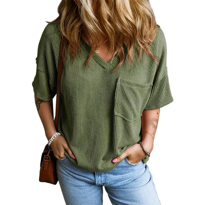 Women's Oversized Ribbed Knit V-Neck Summer T-Shirt | Soft Casual Loose Fit Tee